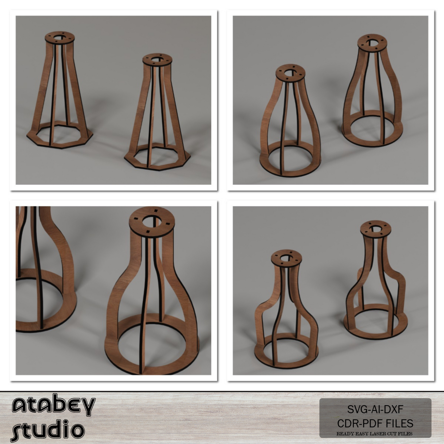 Set of 4 Wooden Vases - Laser Cut Flower Pots - 3D Bouquet Vase Templates 795