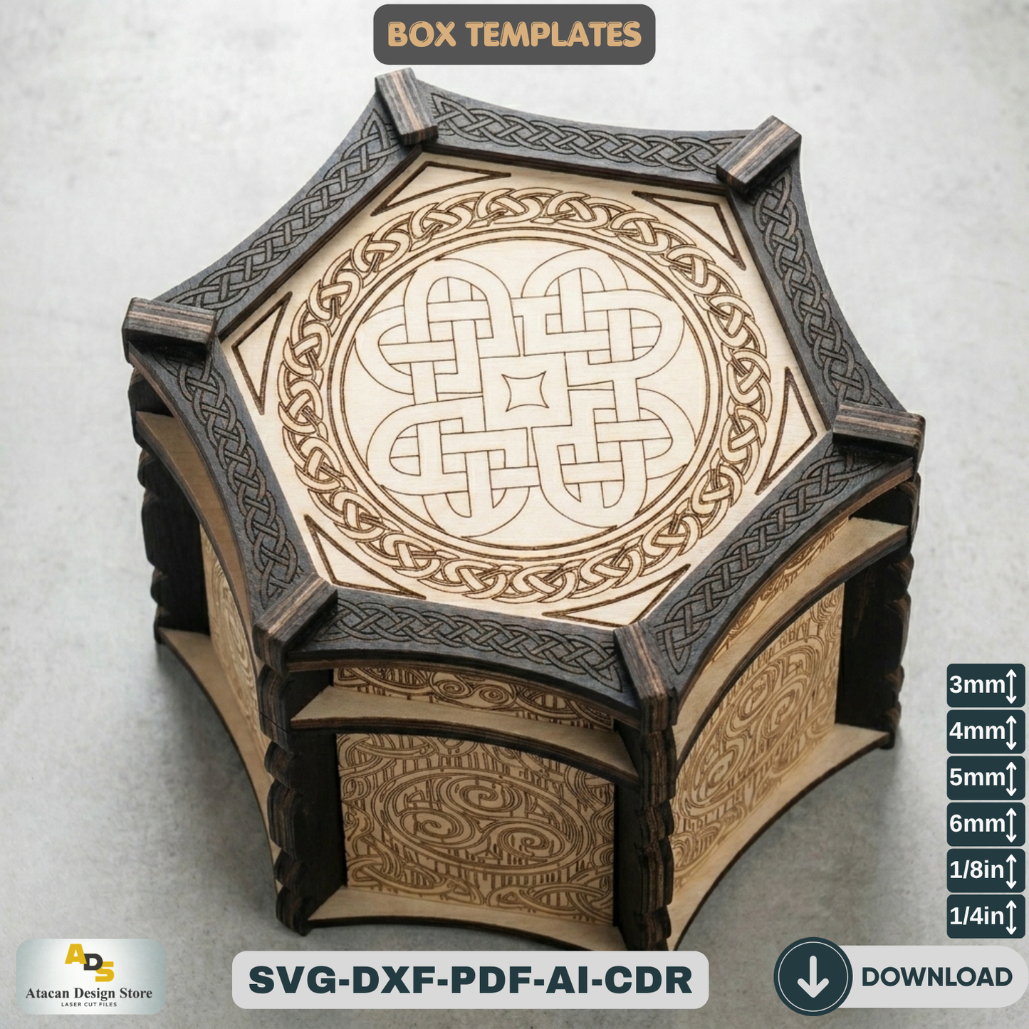 Celtic Hexagon Box Laser Cut File Mythical Jewelry Chest Pattern Wooden Trinket Box Template