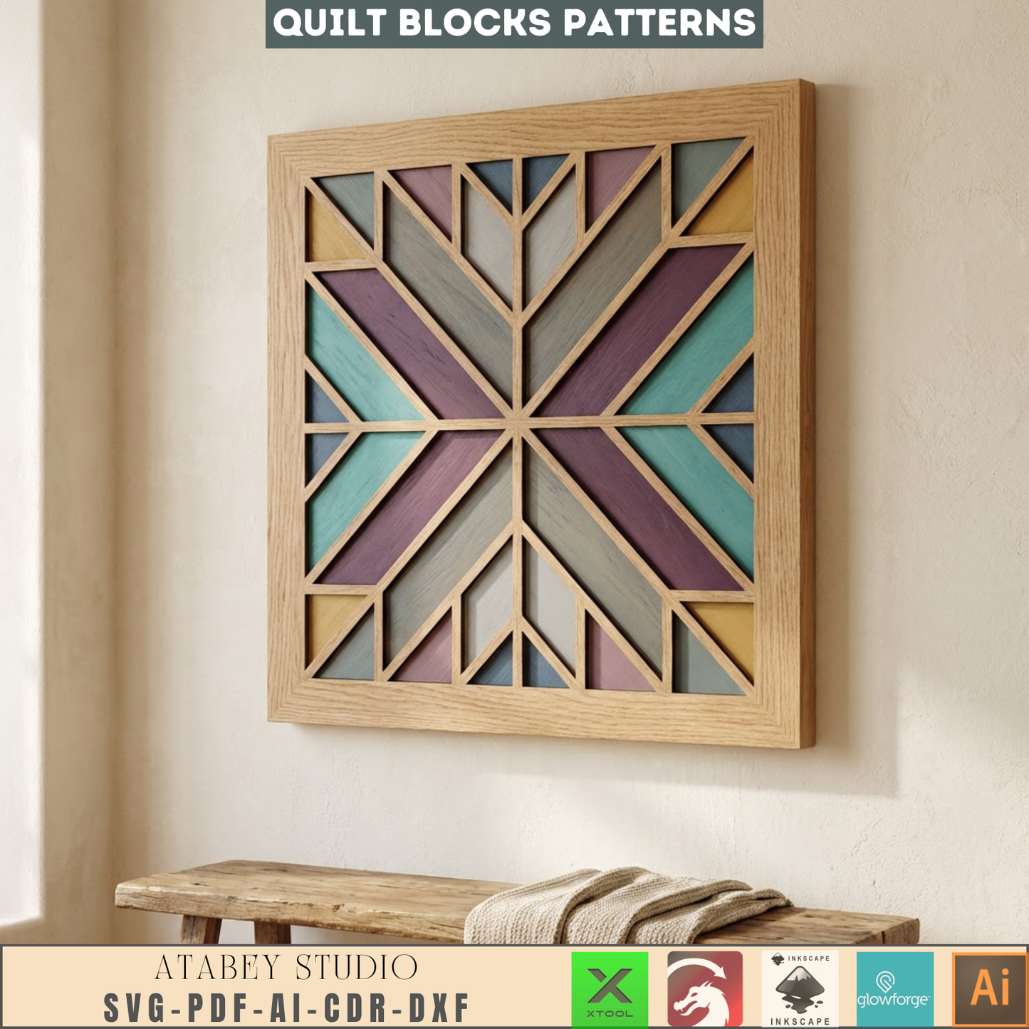 Geometric Quilt Block Wall Art Laser Cut Design Modern Farmhouse Wood Heart Butterfly Potted Flower 988