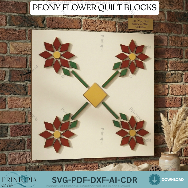 Geometric Peony Flower Barn Quilt Block Pattern Laser Cut Wood Art Floral Wall Decor 340
