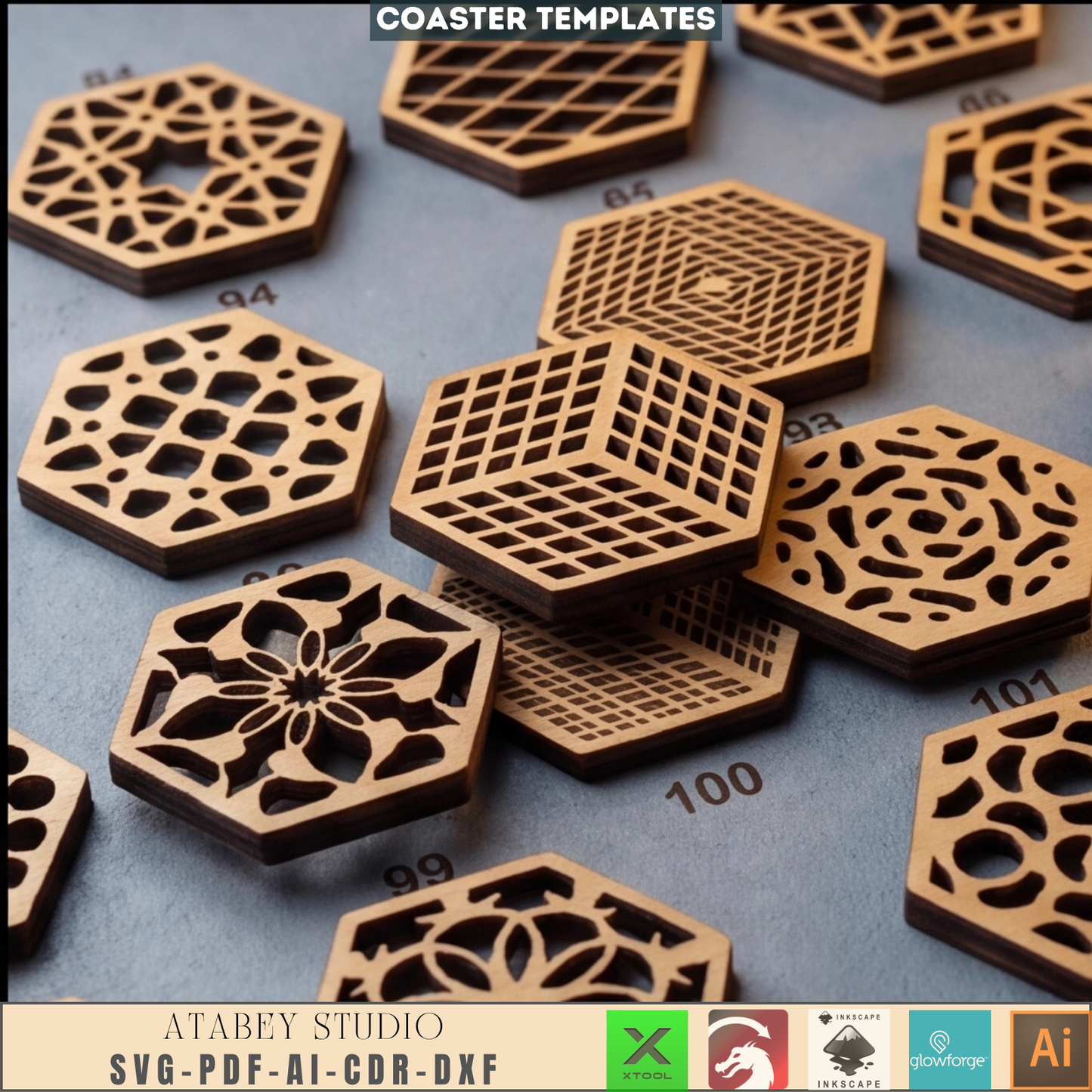 Geometric Hexagon Coaster Laser Cut File Bundle Wood Drink Coaster Template