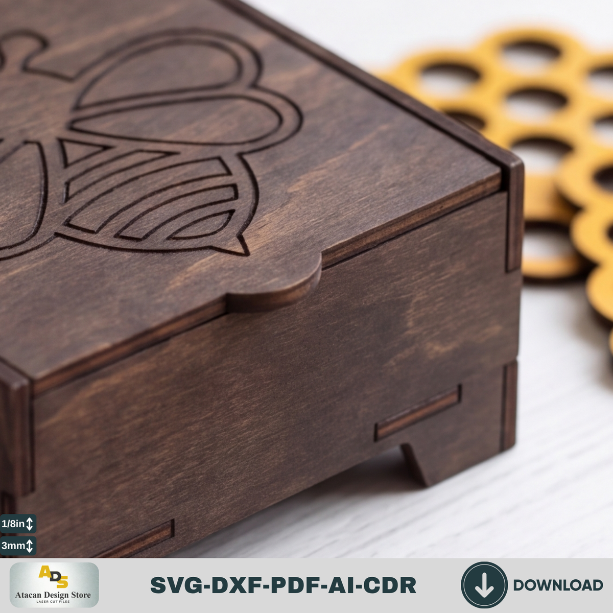 Honey Bee Coaster Set with Box SVG, Hexagon Honeycomb Coasters, Coaster Holder 305