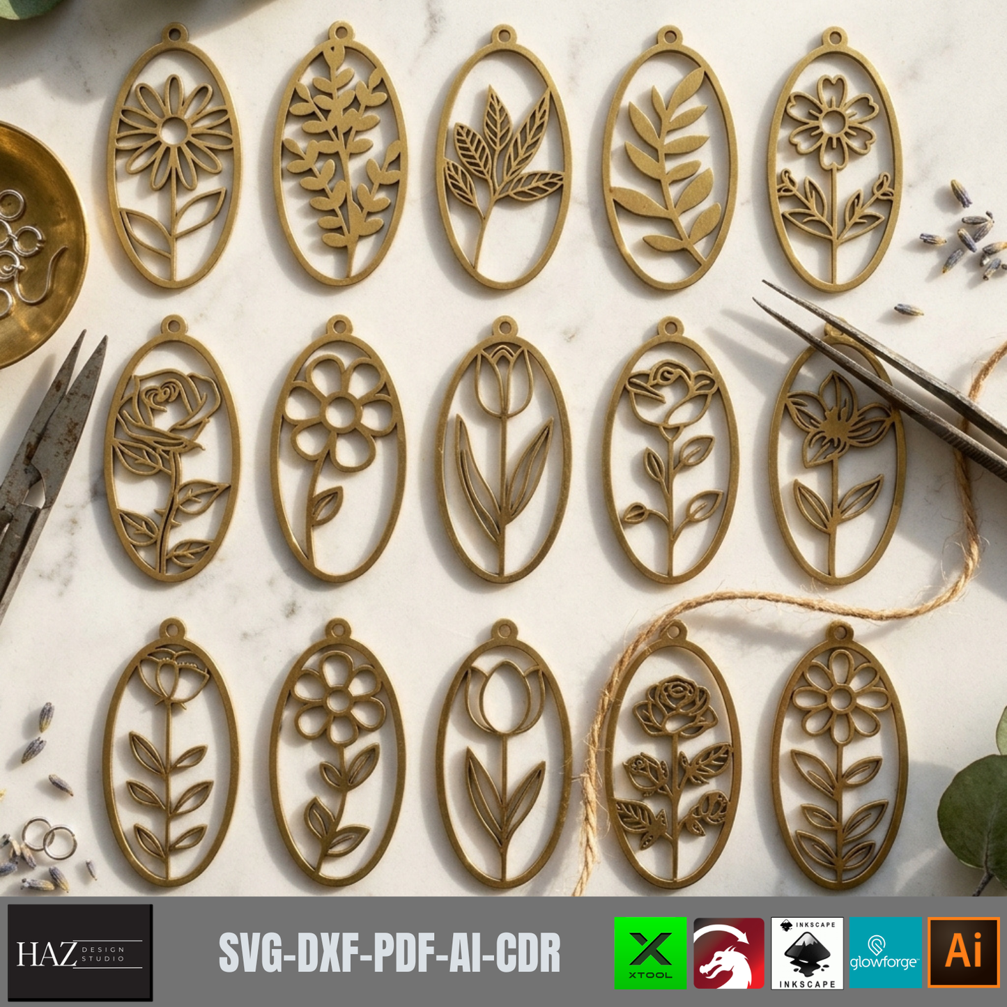Botanical Earring Templates Floral Oval Pendant Wood Jewelry Patterns Rose Tulip Leaf Cutout Designs
