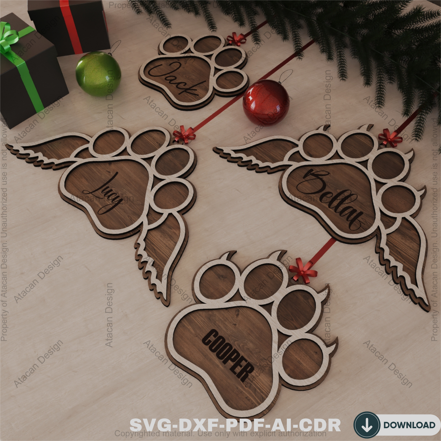 Personalized Dog Paw Ornament - Custom Wooden Pet Christmas Keepsake for Laser Cutting 807