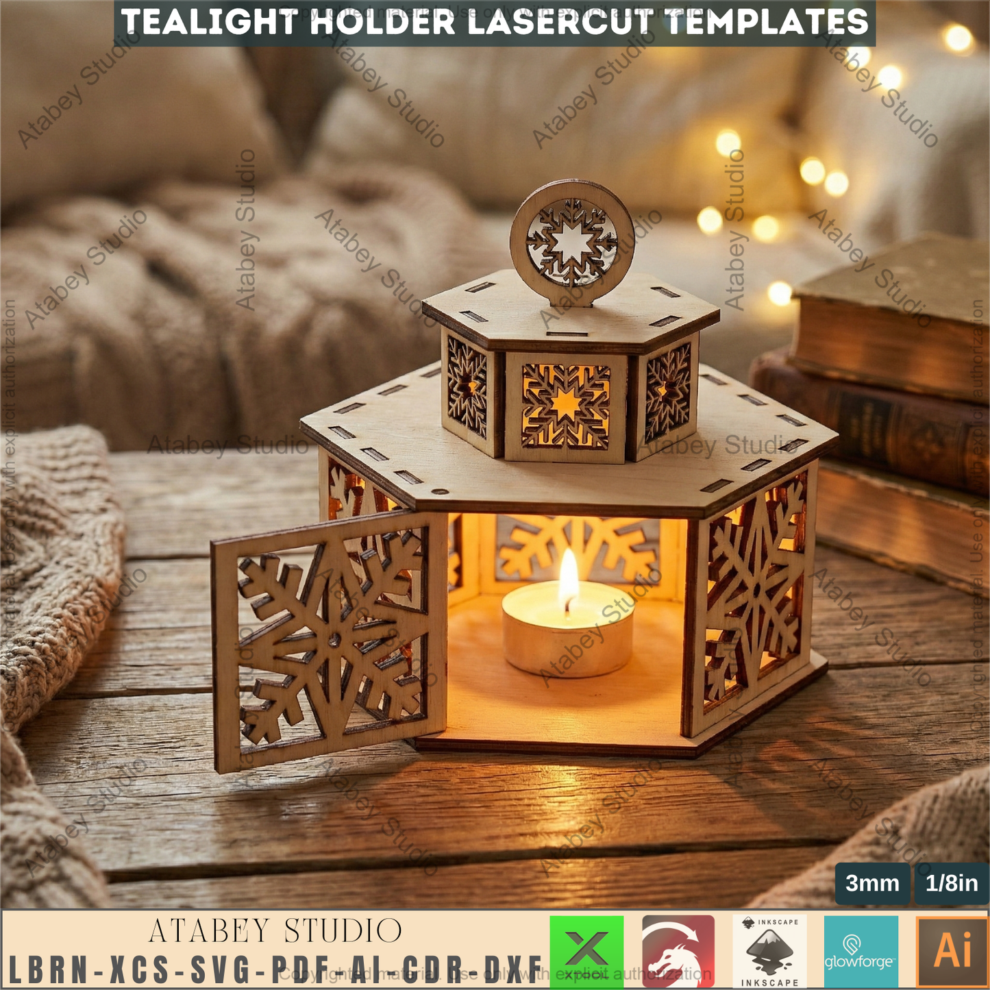 Christmas Tealight Holders with Lid / Lantern Laser Cut Files / Tabletop Candles / New Year Decor 976