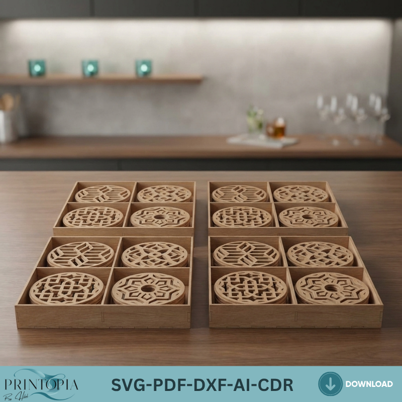 Geometric Laser Cut Coaster Set with Storage Box Patterned Wood Coaster Designs