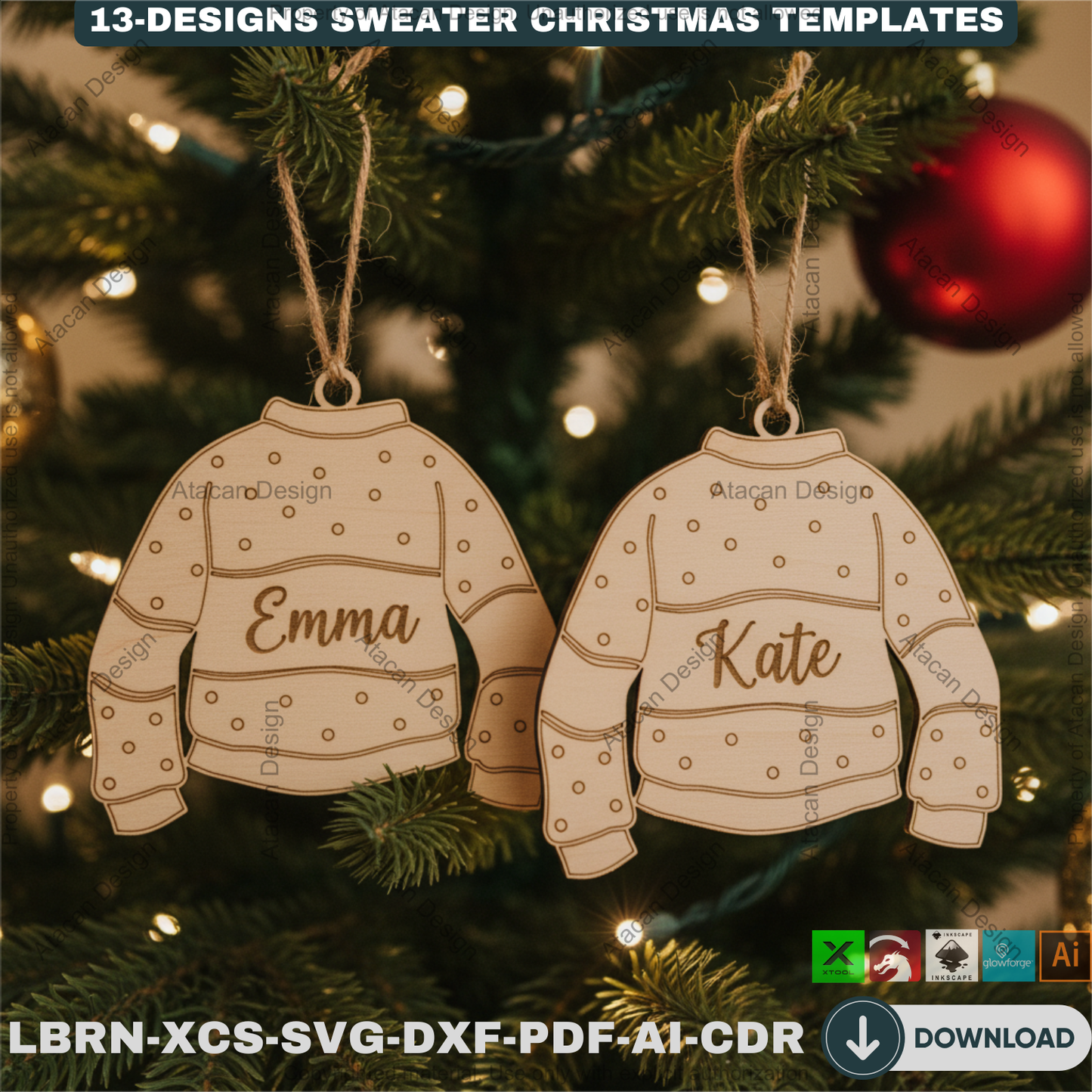 Personalized Sweater Christmas Ornament Bundle | 13 Holiday Designs | Laser Cut Template Set for DIY Xmas Gifts 918