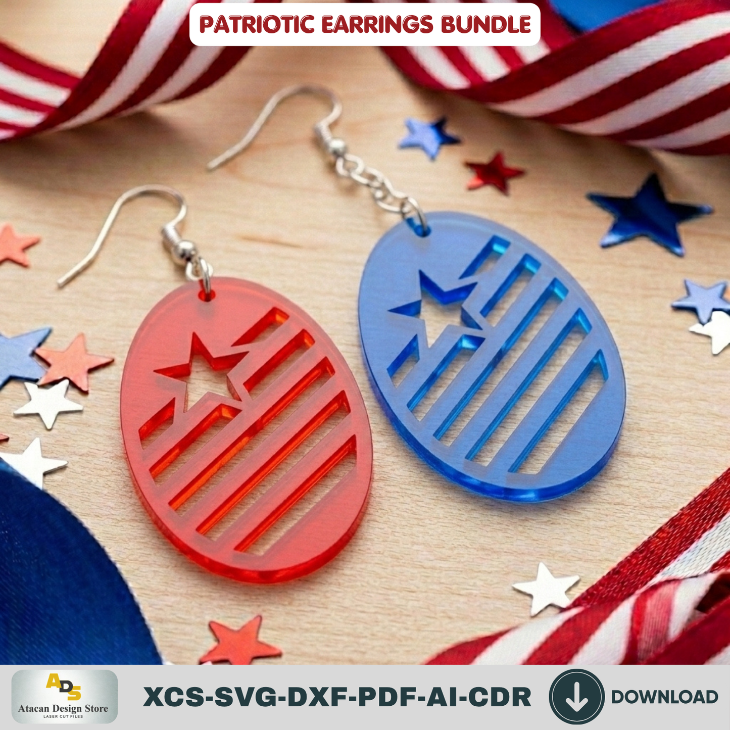 Patriotic Earring Laser Cut Template, USA Flag Star Jewelry Pattern, Independence Day Gift