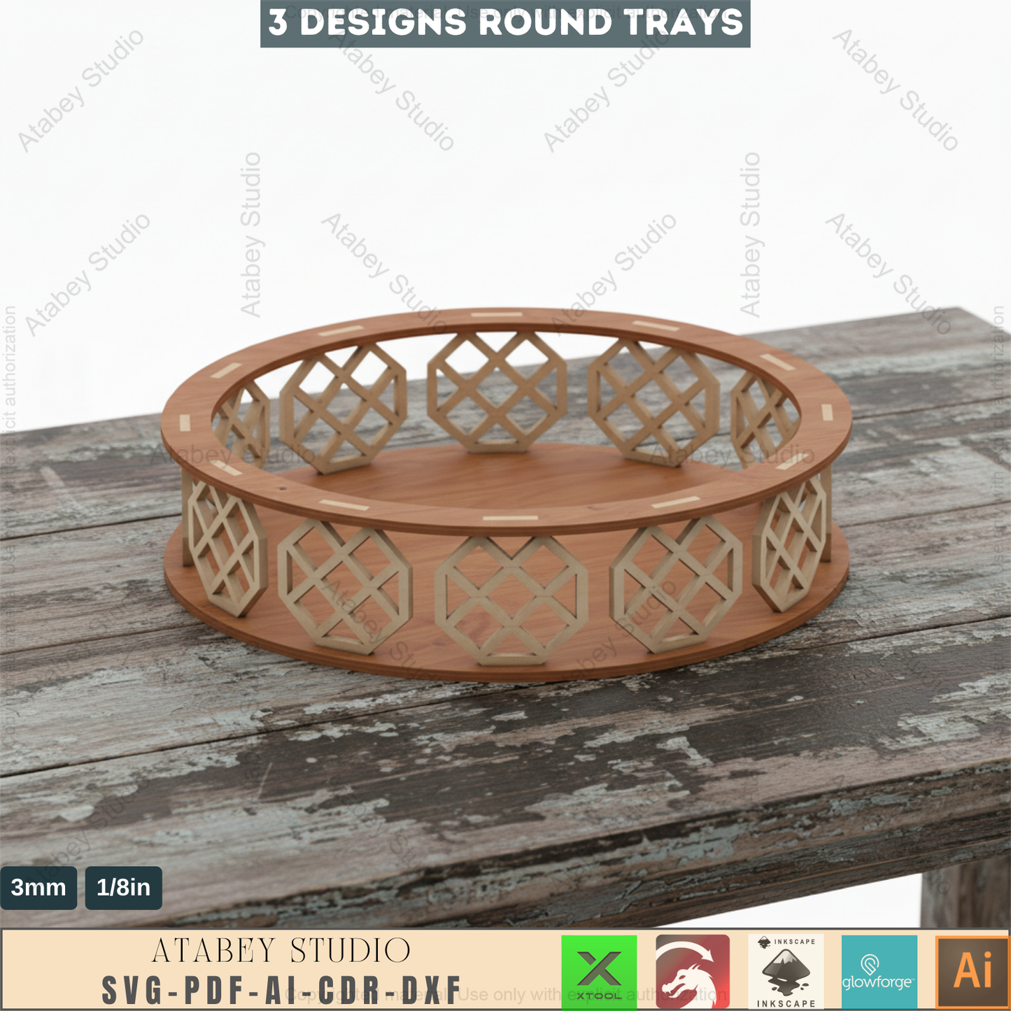3 Sizes Round Decorative Tray Cutting File - Wooden Baskets Svg Cut Plans 152