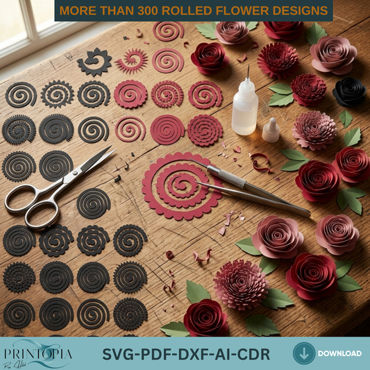 300+ Rolled Flower Bundle, 3D Paper Rose, DIY Craft Template, Instant Download