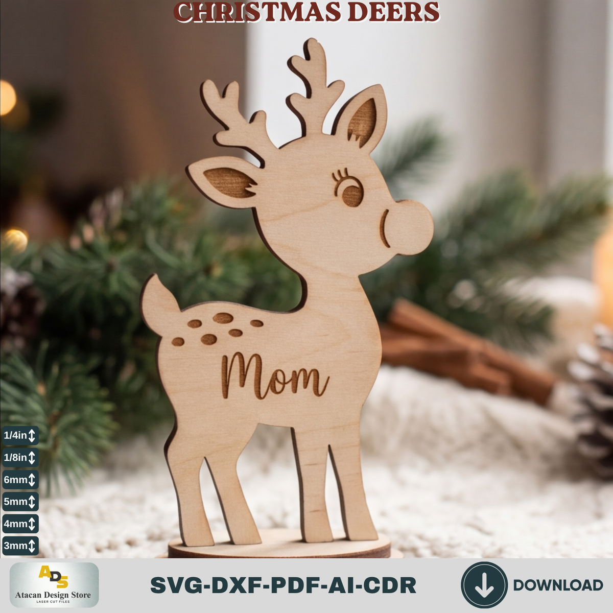 Personalized Reindeer Family Laser Cut Holiday Shelf Decor - Mom Dad Kids Sizes