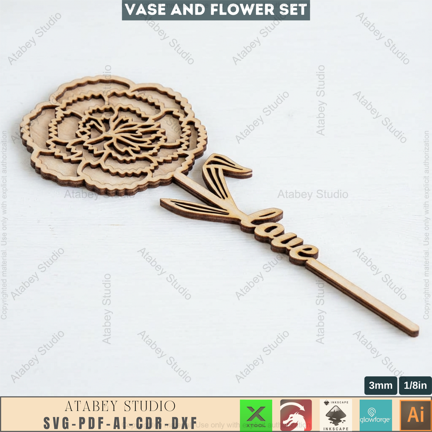 Laser Cut Wooden Vase with Flowers SVG Bundle - 5 Elegant Vases & 6 Wildflower Designs, 3D Layered Floral Table Decor 984