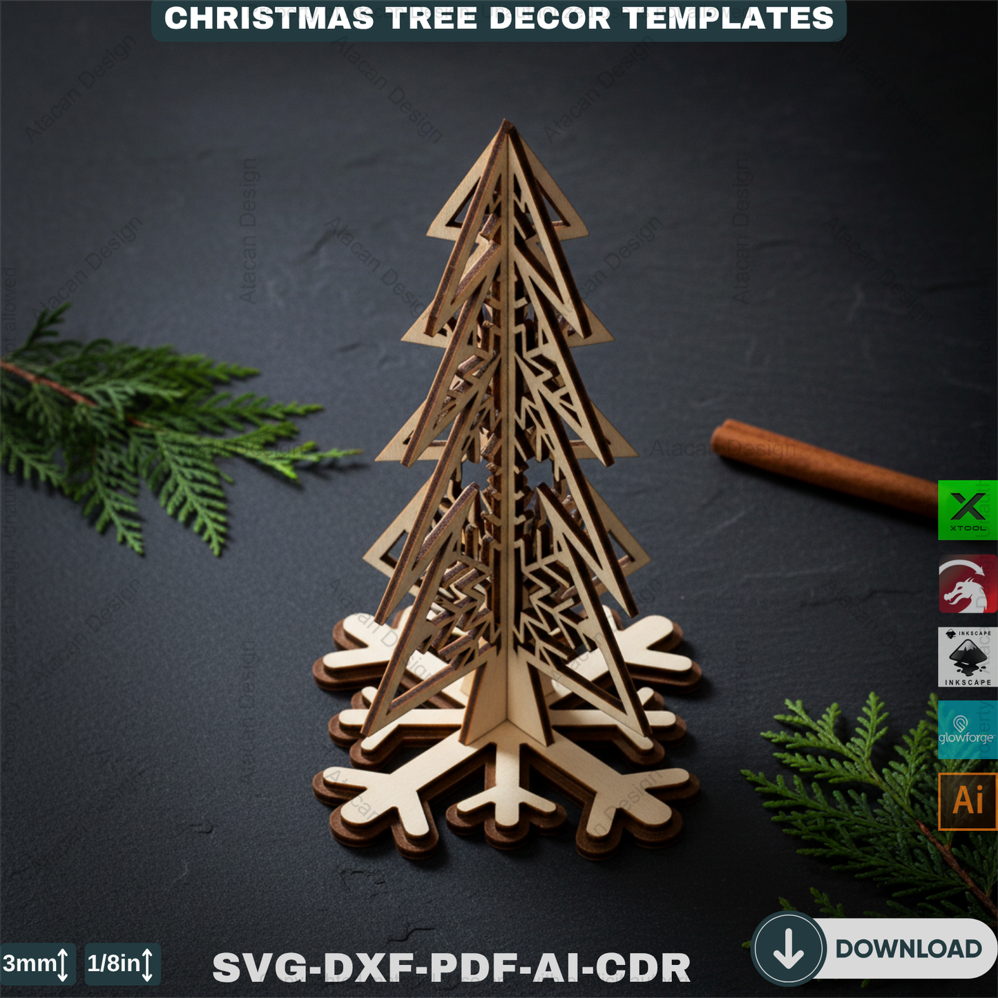 Christmas Ornament Tree With Pattern Laser Cut Files, Festive Holiday Shelf Sitter, Wooden Tabletop Decor Trees 912