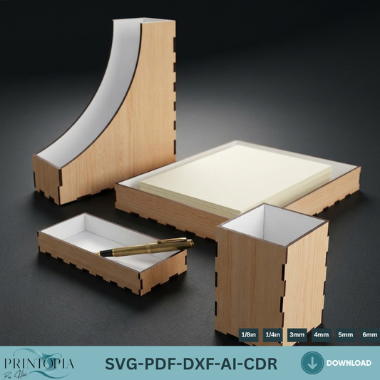 Wooden Desk Organizer Laser Cut Files Office Storage Set Plywood Stationery Holder Templates