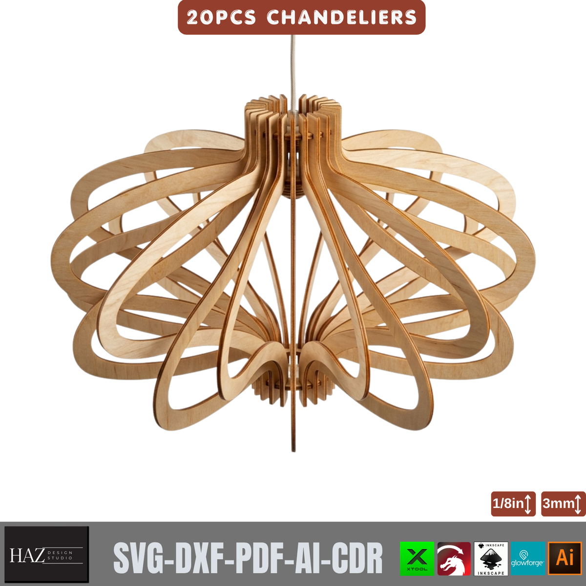 20 Piece Wooden Chandelier Pendant Lamp Laser Cut SVG Template Set Plywood 566