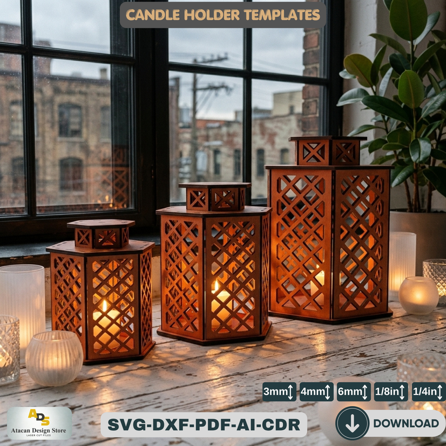 Laser Cut Candle Light / Candlestick Lamp Vector Plans / Wood Lamphsade Templates ADS193