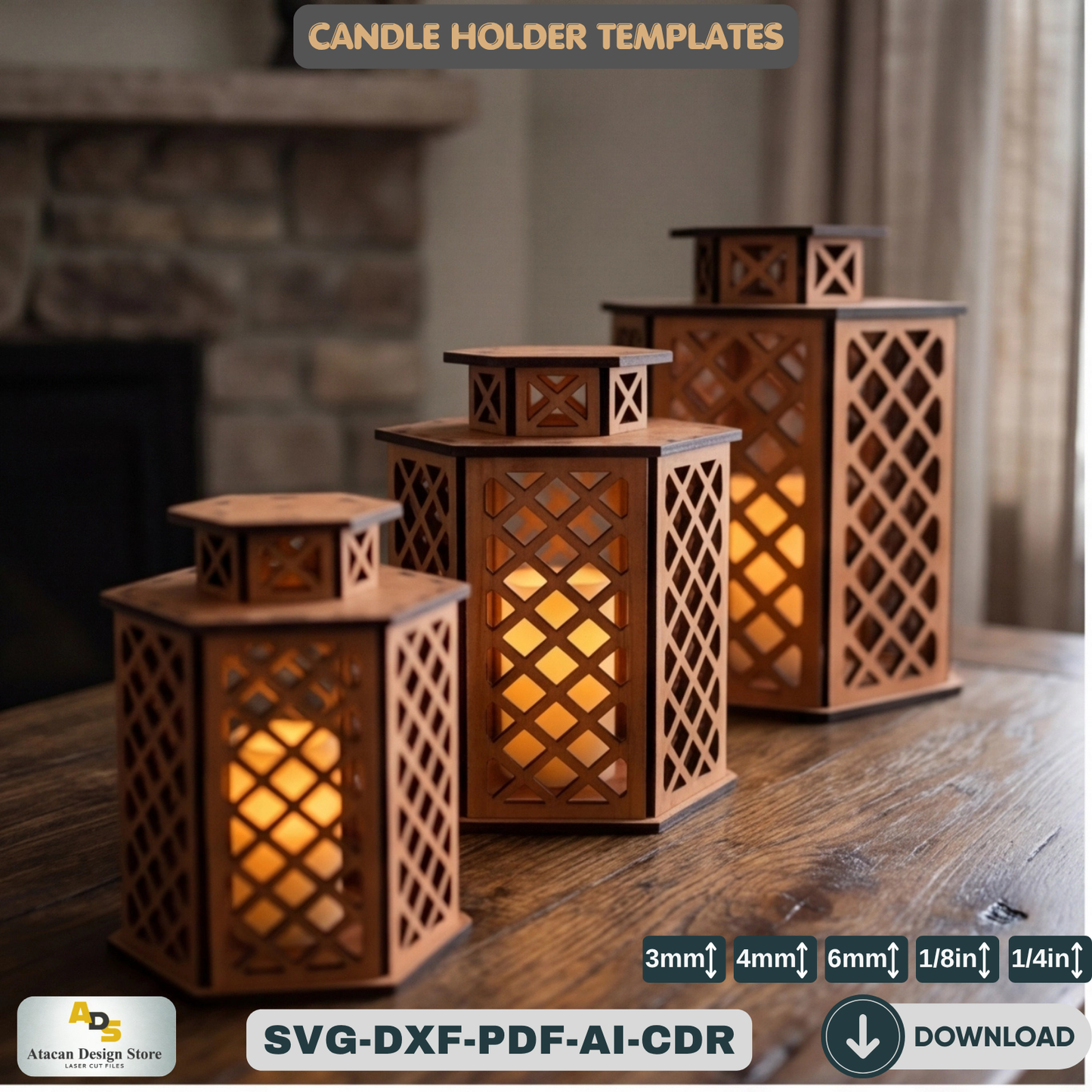 Laser Cut Candle Light / Candlestick Lamp Vector Plans / Wood Lamphsade Templates ADS193