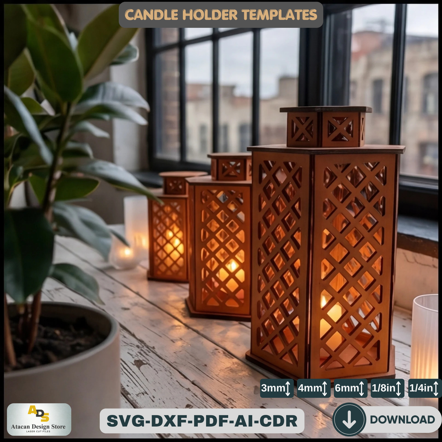 Laser Cut Candle Light / Candlestick Lamp Vector Plans / Wood Lamphsade Templates ADS193