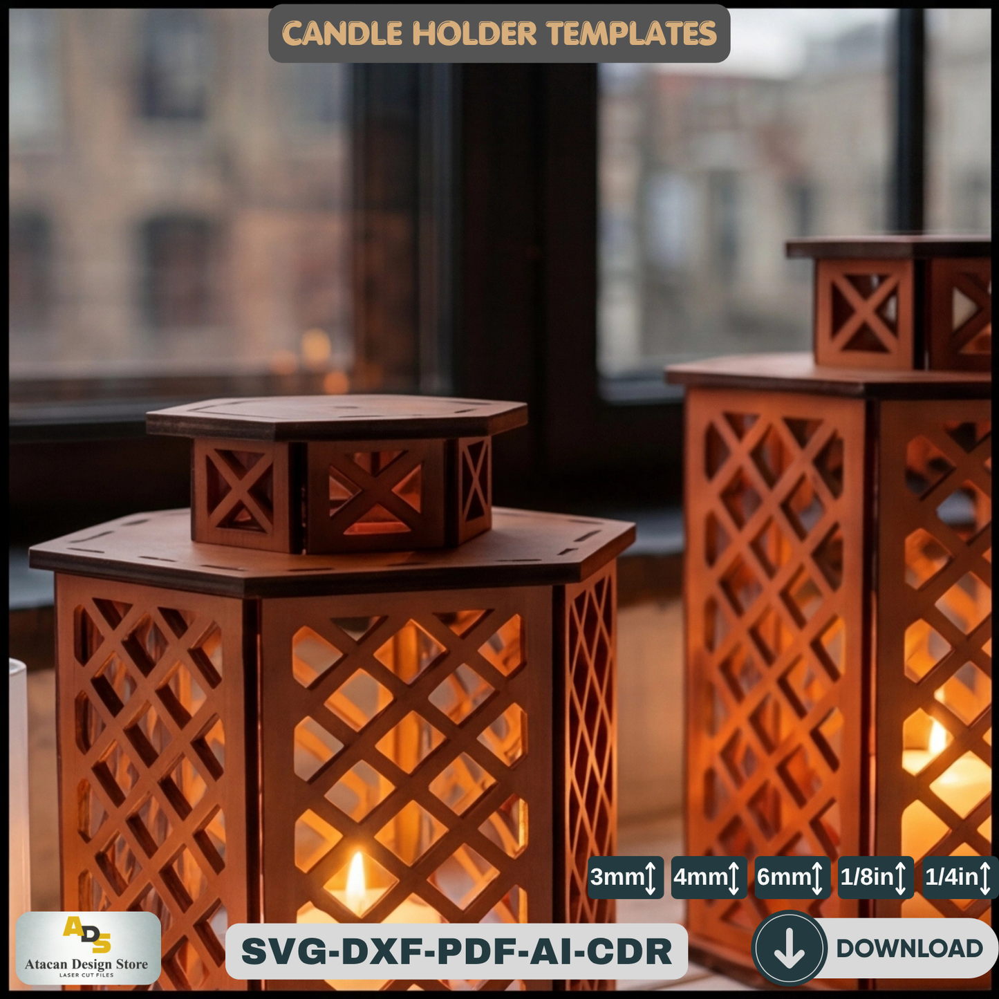 Laser Cut Candle Light / Candlestick Lamp Vector Plans / Wood Lamphsade Templates ADS193