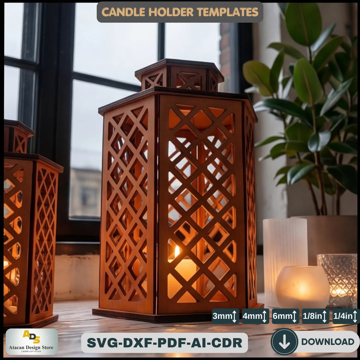 Laser Cut Candle Light / Candlestick Lamp Vector Plans / Wood Lamphsade Templates ADS193