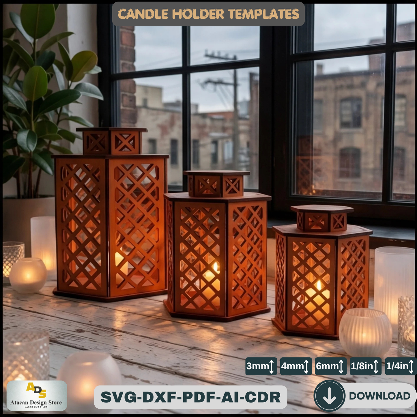 Laser Cut Candle Light / Candlestick Lamp Vector Plans / Wood Lamphsade Templates ADS193