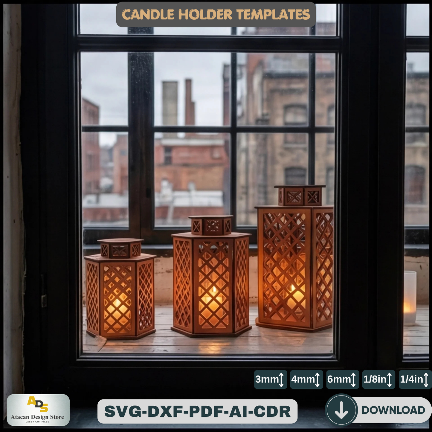 Laser Cut Candle Light / Candlestick Lamp Vector Plans / Wood Lamphsade Templates ADS193