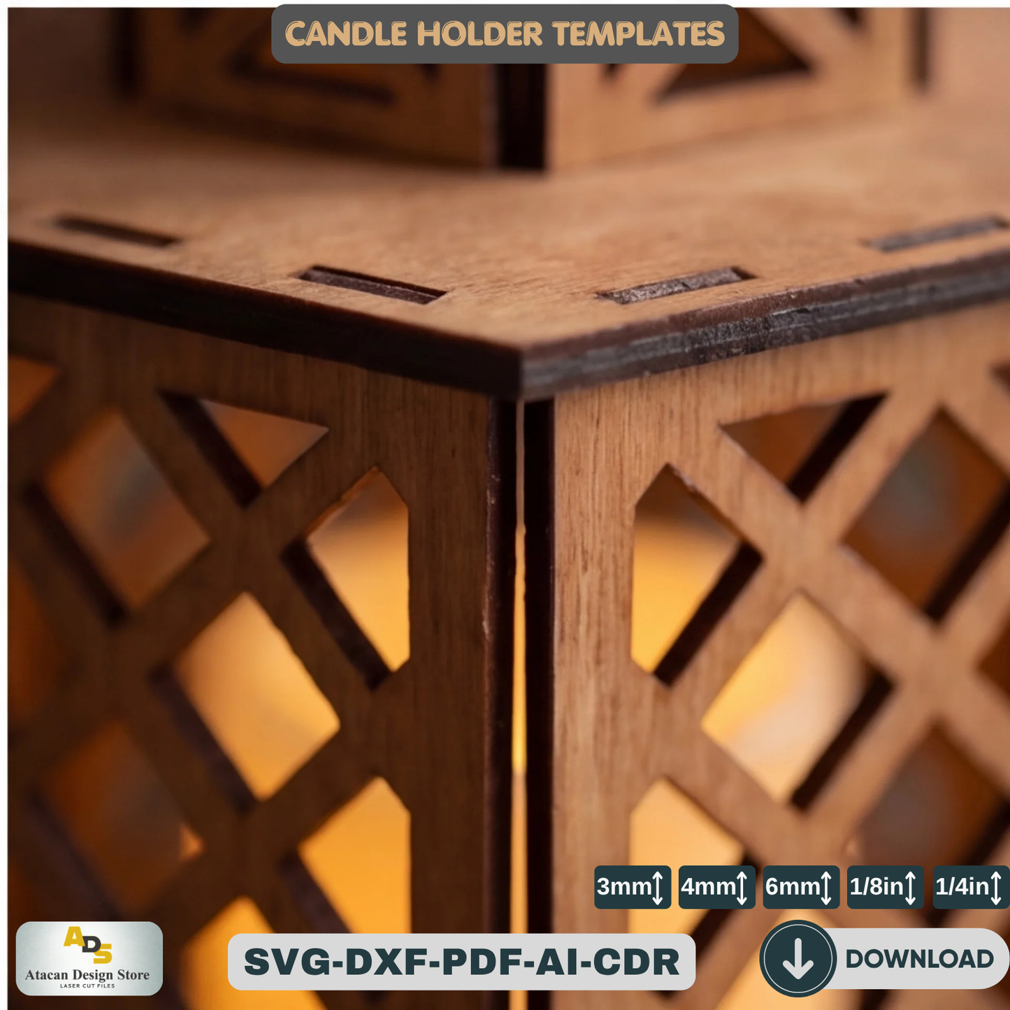 Laser Cut Candle Light / Candlestick Lamp Vector Plans / Wood Lamphsade Templates ADS193