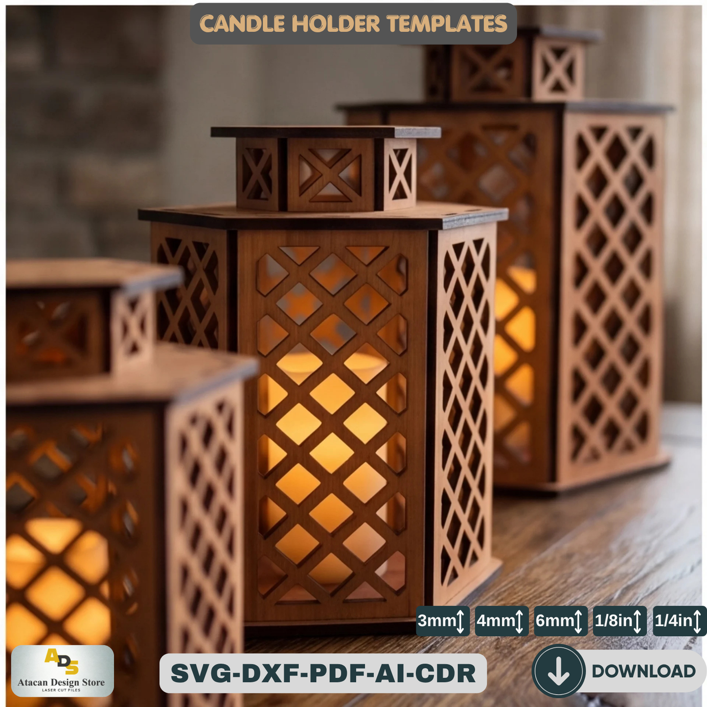 Laser Cut Candle Light / Candlestick Lamp Vector Plans / Wood Lamphsade Templates ADS193