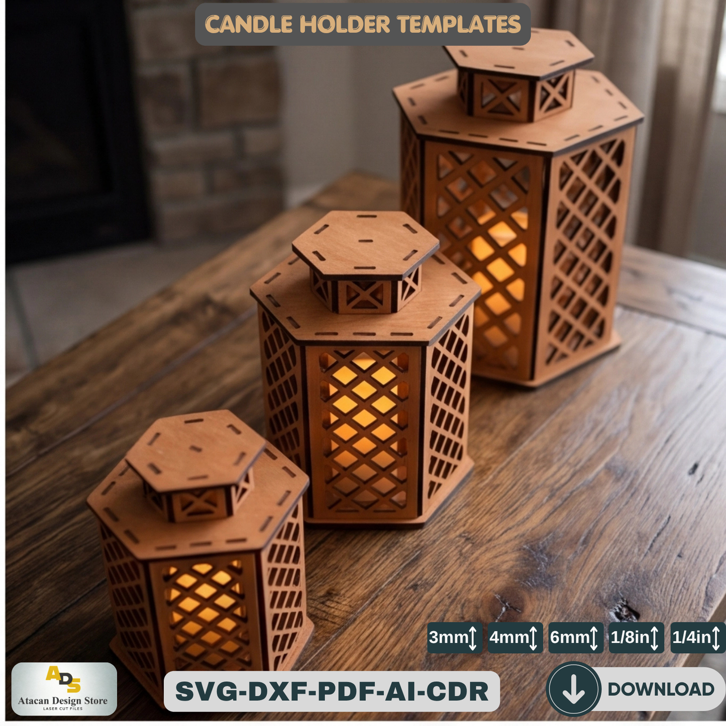 Laser Cut Candle Light / Candlestick Lamp Vector Plans / Wood Lamphsade Templates ADS193