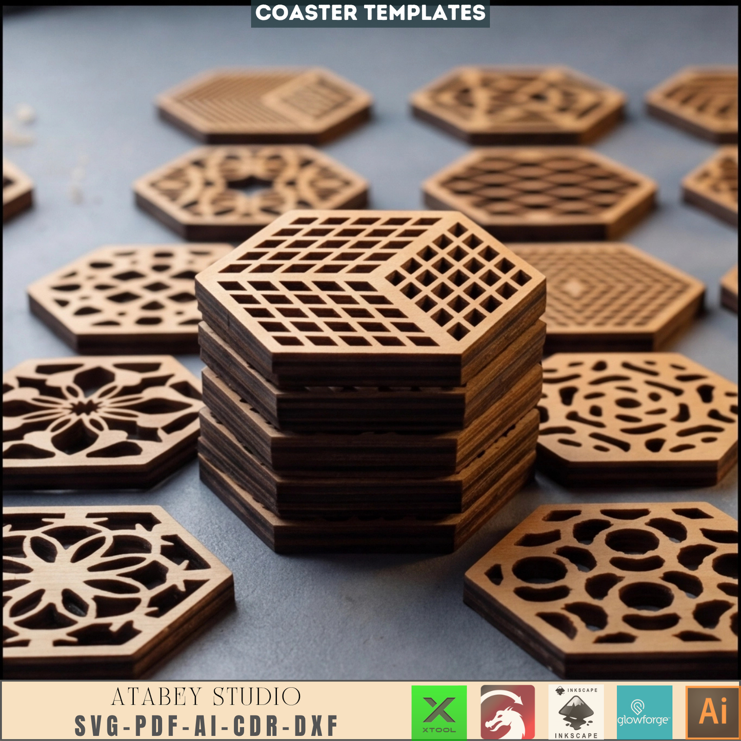 Geometric Hexagon Coaster Laser Cut File Bundle Wood Drink Coaster Template