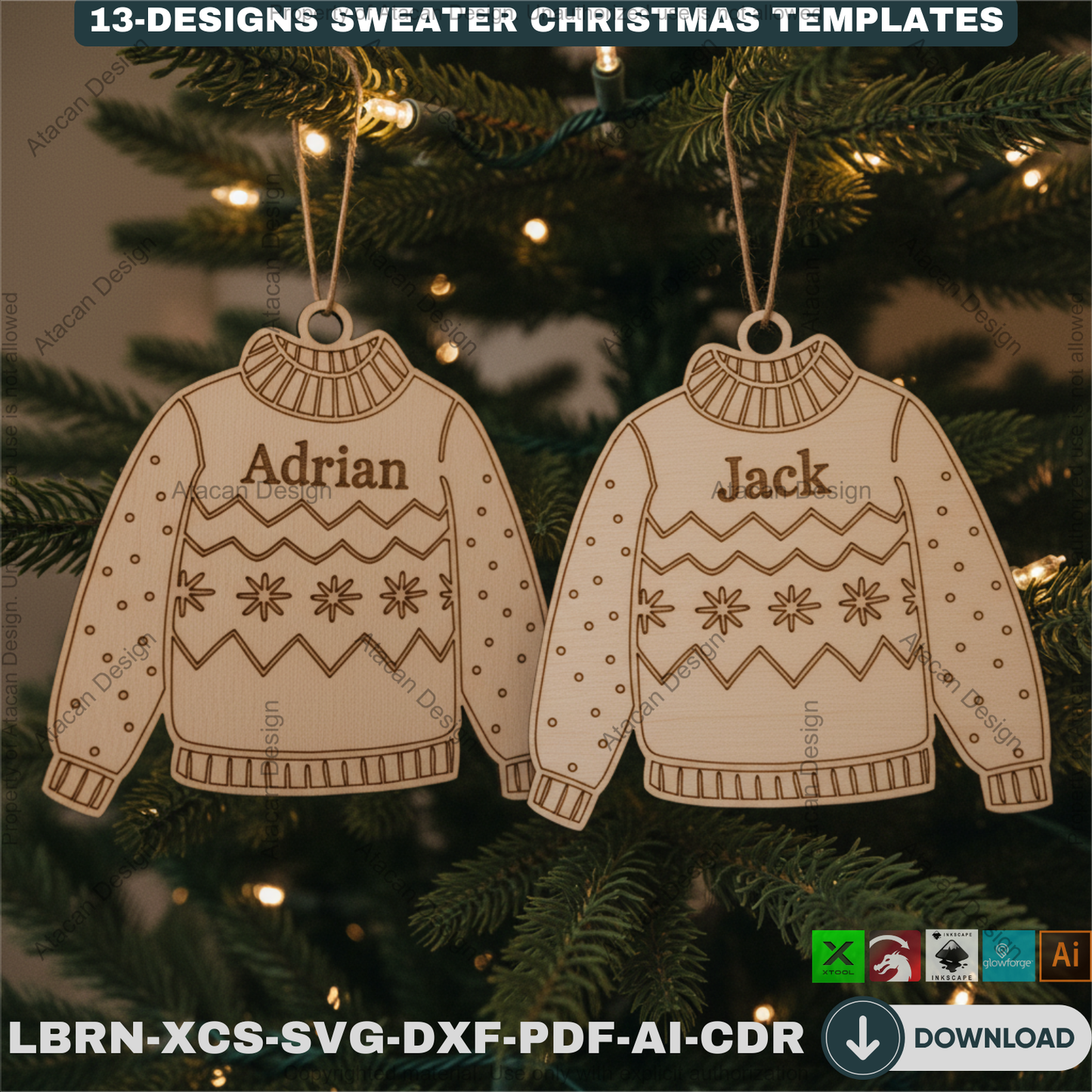 Personalized Sweater Christmas Ornament Bundle | 13 Holiday Designs | Laser Cut Template Set for DIY Xmas Gifts 918