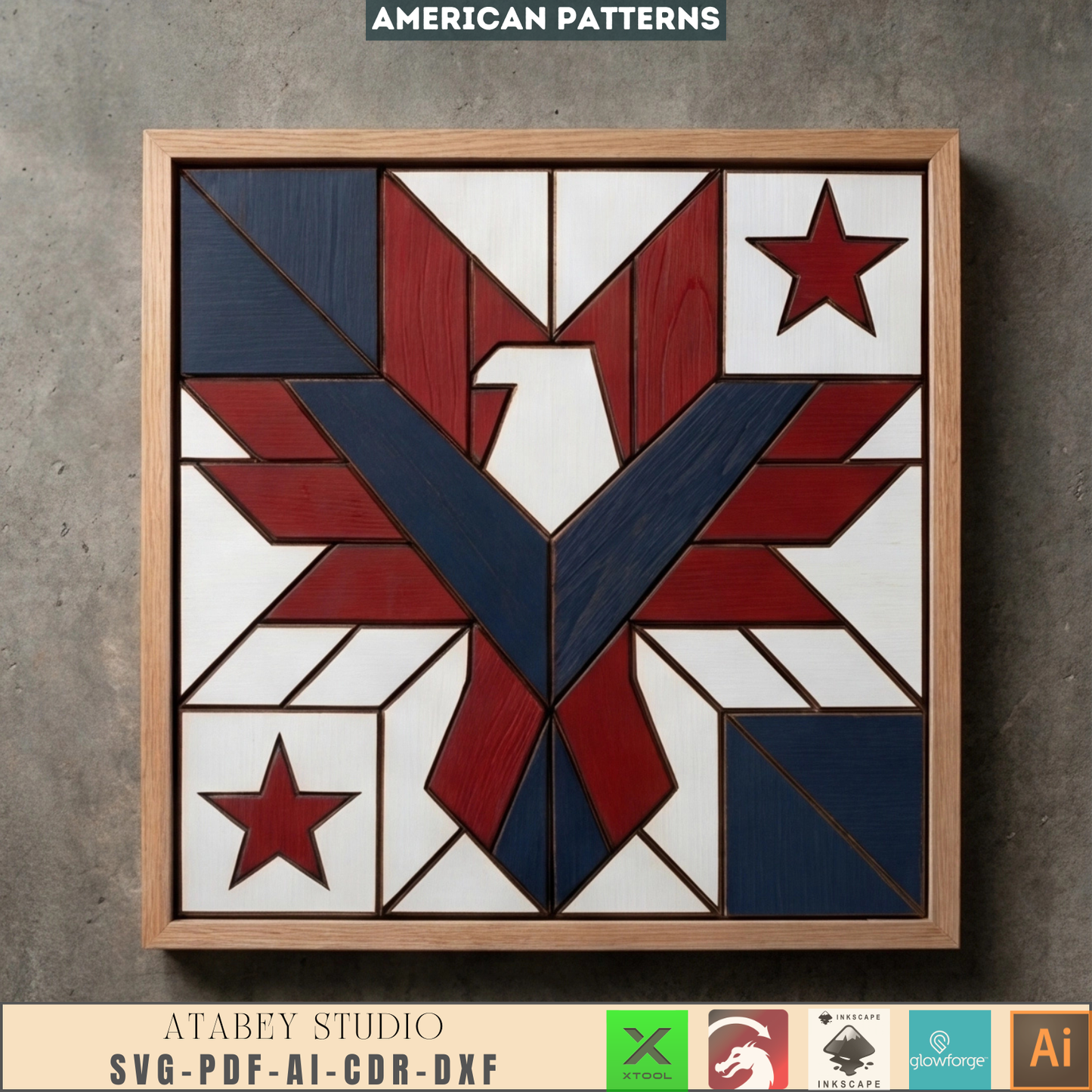 American Eagle Wood Barn Quilt Pattern Patriotic Sign Geometric Hawk Shield Intarsia Wall Art