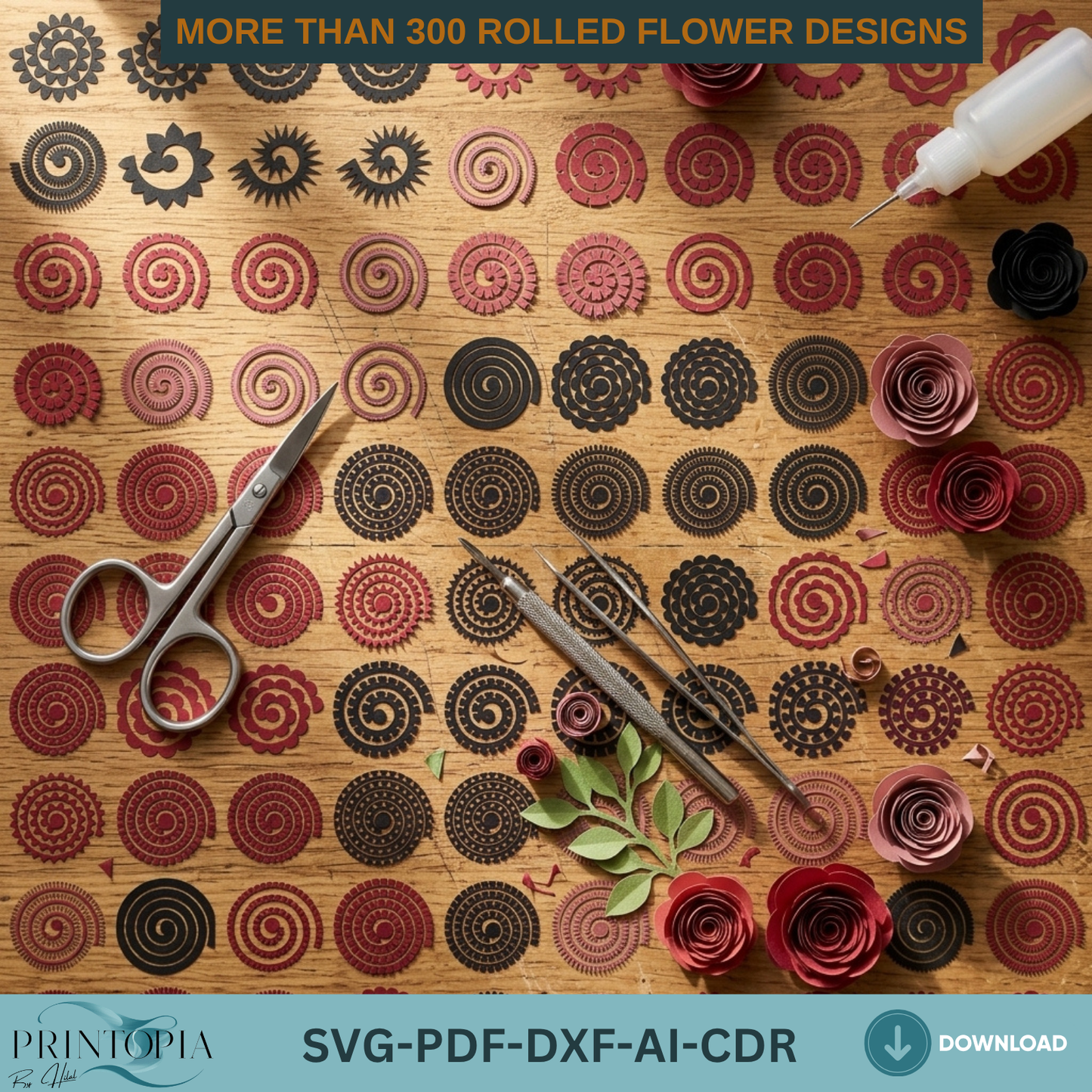 300+ Rolled Flower Bundle, 3D Paper Rose, DIY Craft Template, Instant Download