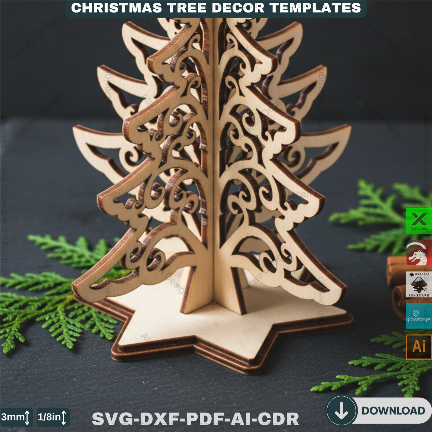 Christmas Ornament Tree With Pattern Laser Cut Files, Festive Holiday Shelf Sitter, Wooden Tabletop Decor Trees 912