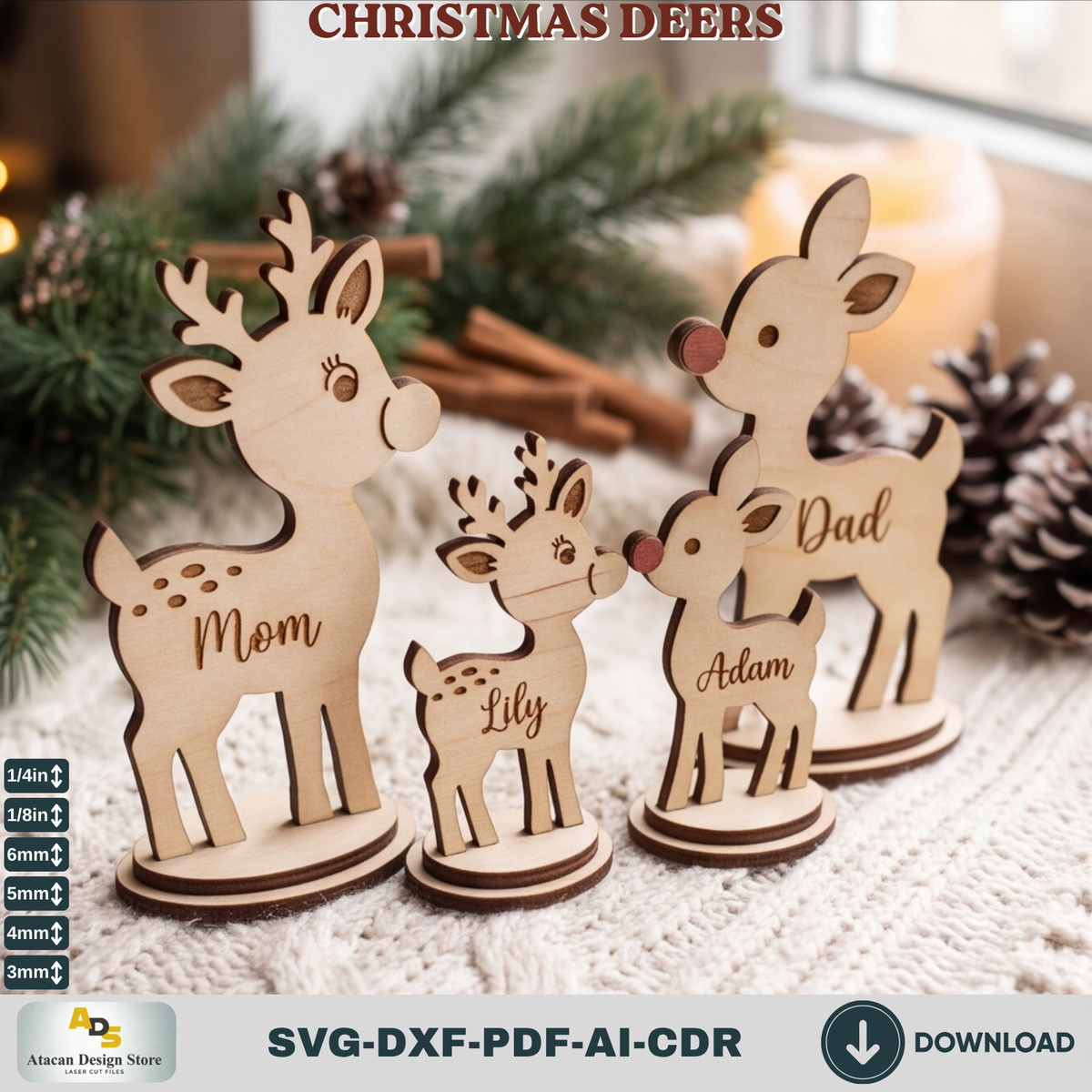 Personalized Reindeer Family Laser Cut Holiday Shelf Decor - Mom Dad Kids Sizes