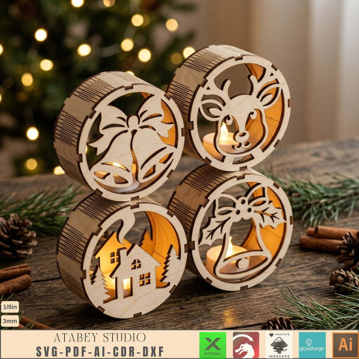 3D Christmas Light Box Laser Cut Files, Wood Holiday Lantern Candle Holder Template 1033