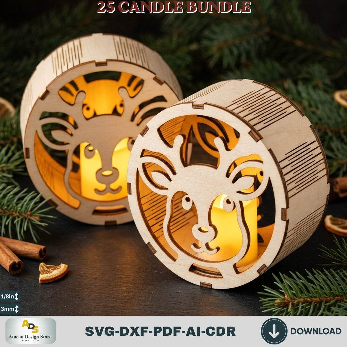 Christmas Tealight Candle Holder Bundle, 25 Laser Cut Round Lantern Templates, Xmas Glowforge Decor