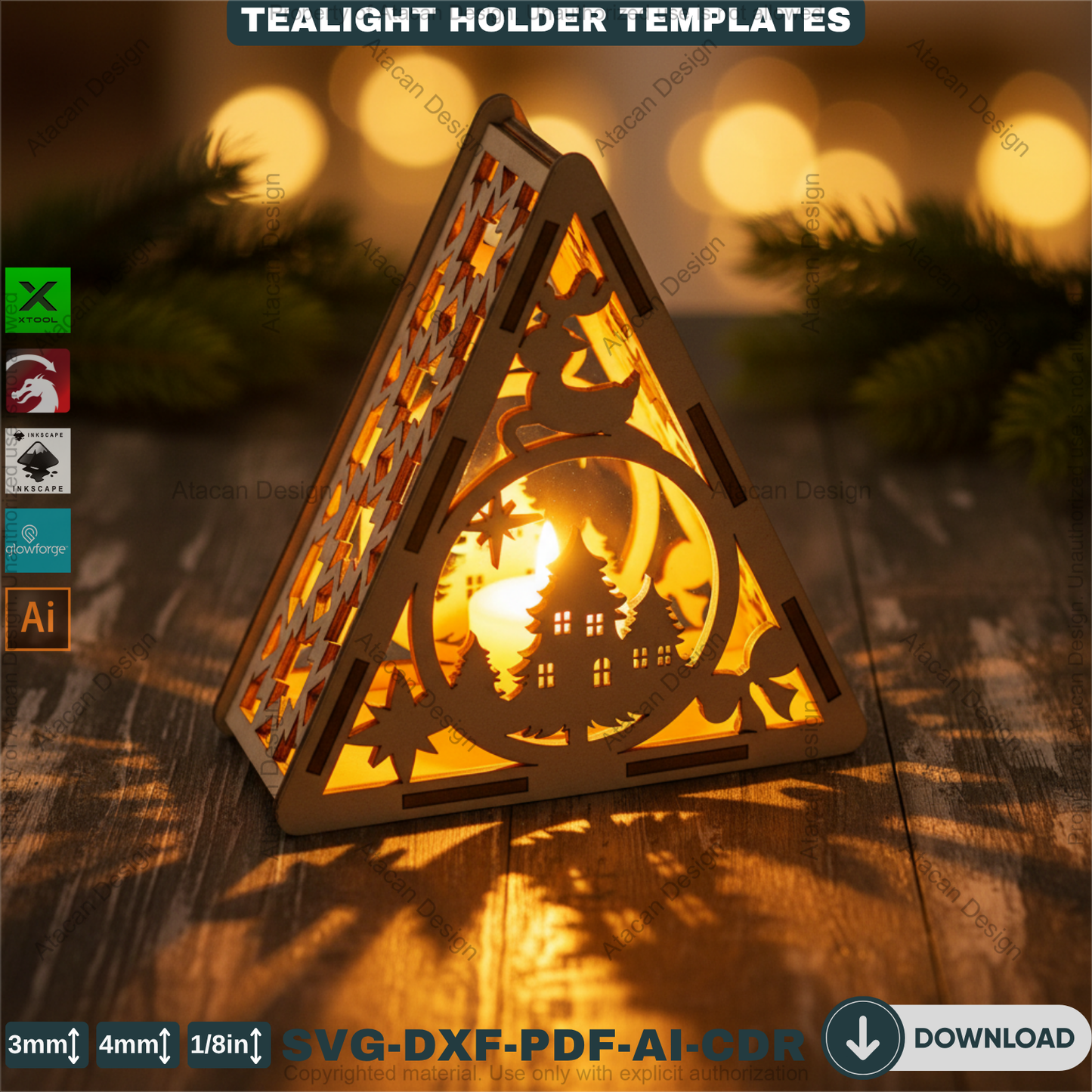 Christmas Pyramid Candle Holder Bundle Laser Cut Template Tealight Lantern Designs Winter Wood Decor Night Lights 919
