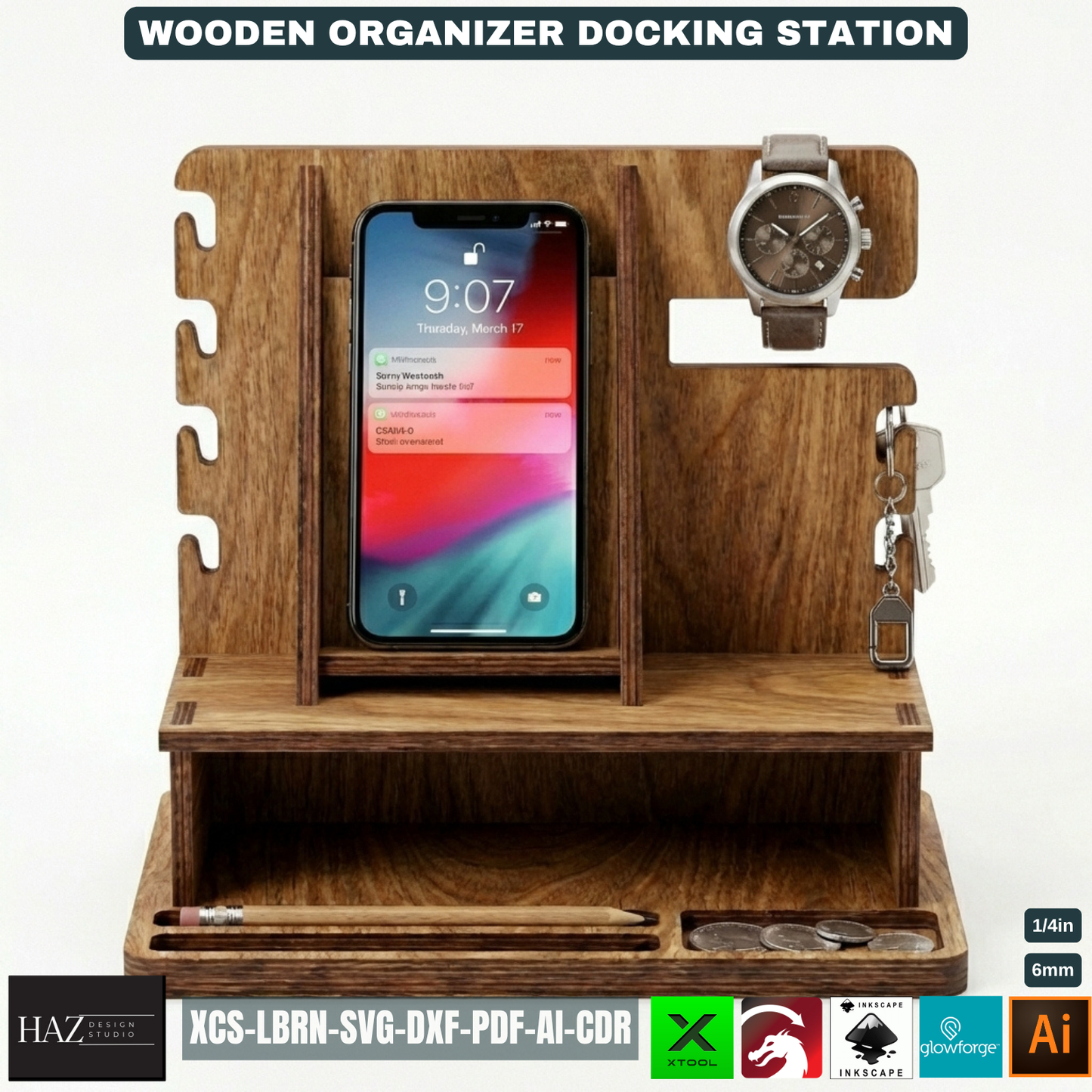 Personalized Wood Docking Station Desk Organizer Mens Gift Idea Phone Stand Bedside Nightstand Catchall Tray 529