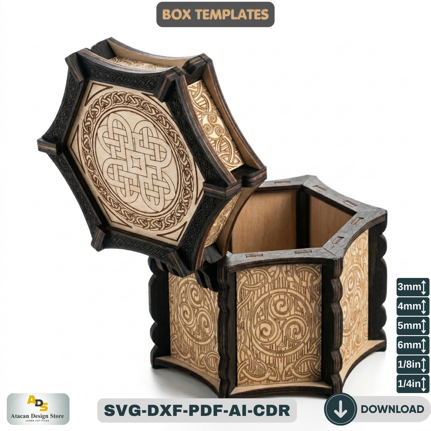 Celtic Hexagon Box Laser Cut File Mythical Jewelry Chest Pattern Wooden Trinket Box Template