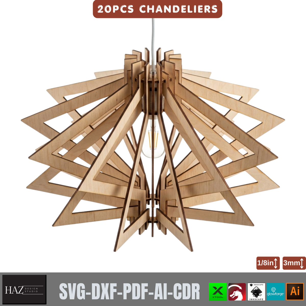 20 Piece Wooden Chandelier Pendant Lamp Laser Cut SVG Template Set Plywood 566