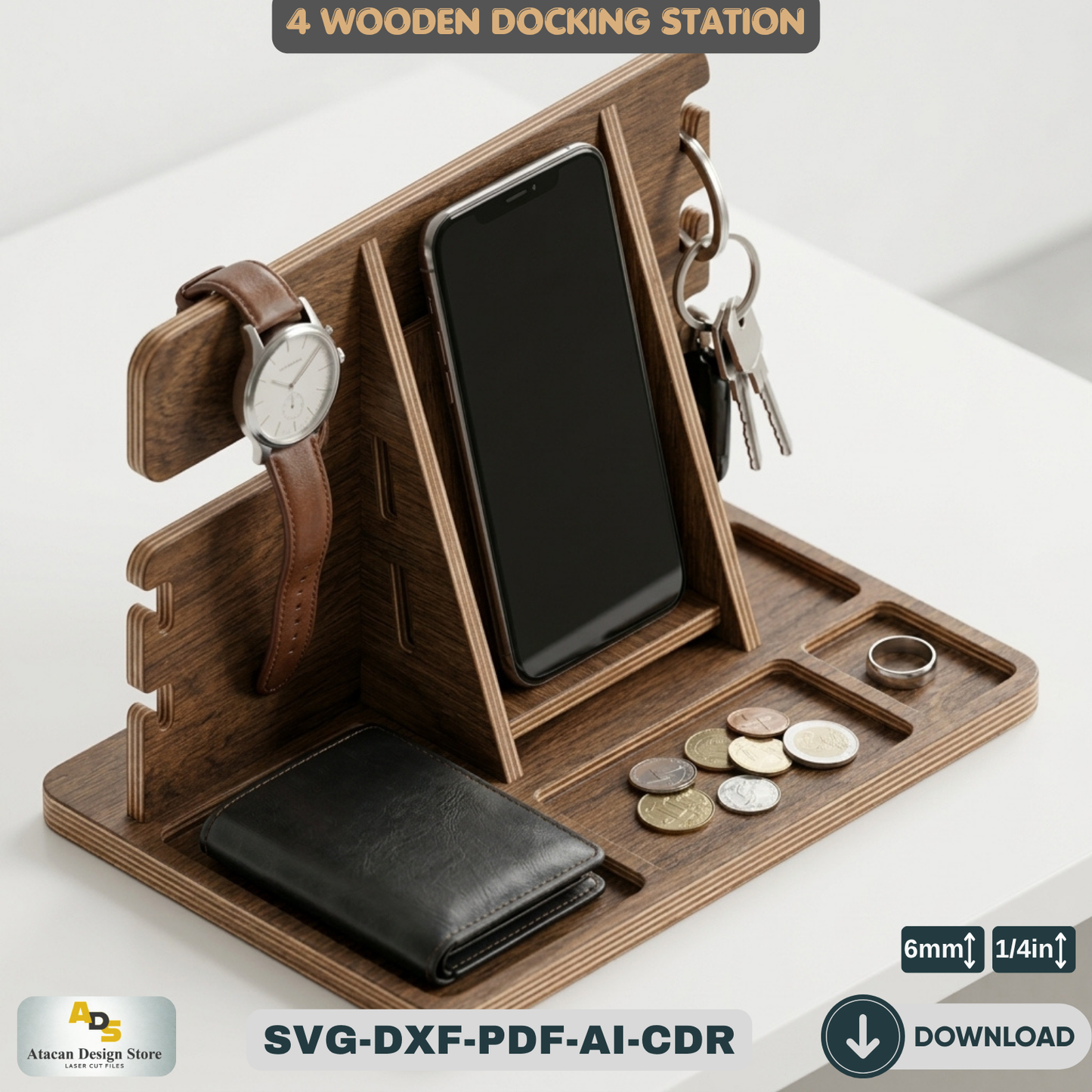 Wood Docking Station / Desk Organizer Phone Stand / Watch Holder / Father's Day Gift 947