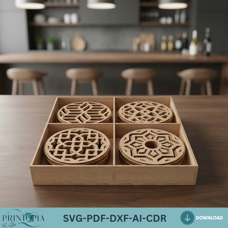 Geometric Laser Cut Coaster Set with Storage Box Patterned Wood Coaster Designs