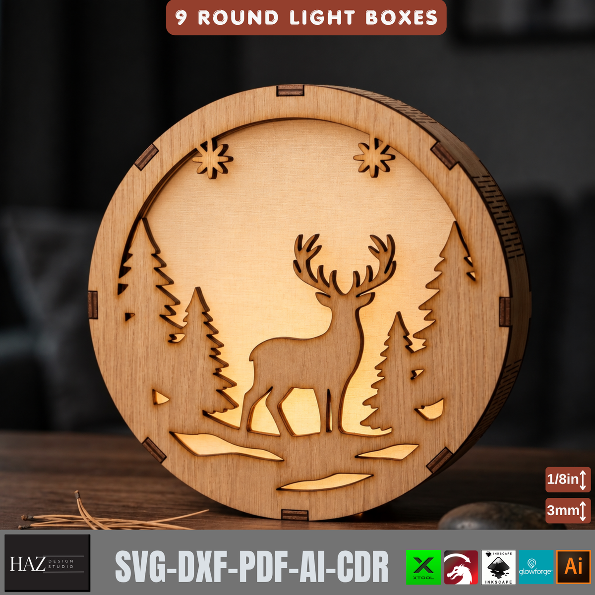 9 Round Christmas Light Box SVG Laser Cut Files – Tealight Holiday Decor