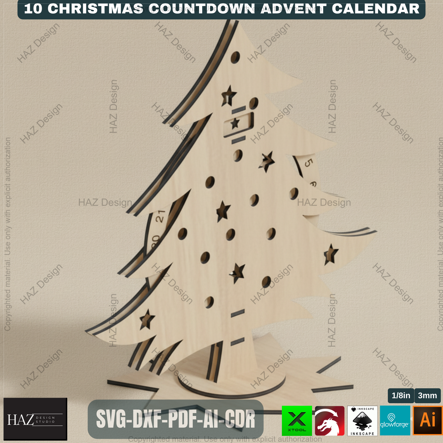 Festive Countdown Advent Calendar Laser Cut Files, Wooden Christmas Decor Template for Glowforge & Xtool, Holiday Craft Project 498