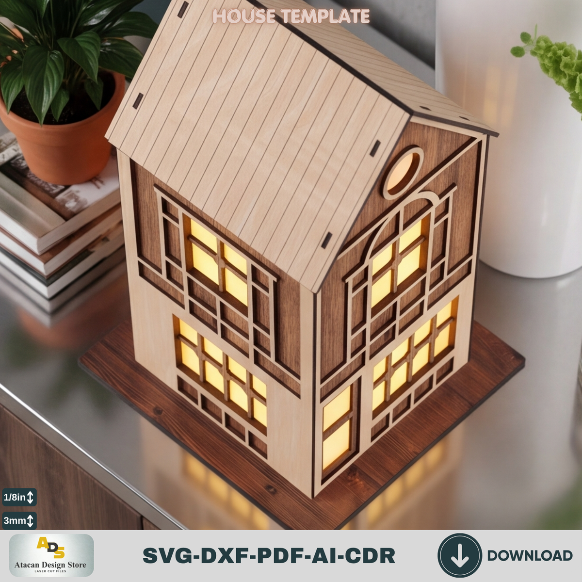 DIY Wooden House Luminary Template | Laser Cut Miniature Village | Table Lamp Design 885