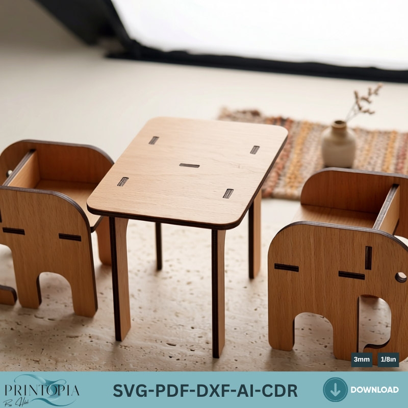 Elephant Miniature Furniture Set Wooden Plywood Mini Chair Table Dollhouse Decor Templates