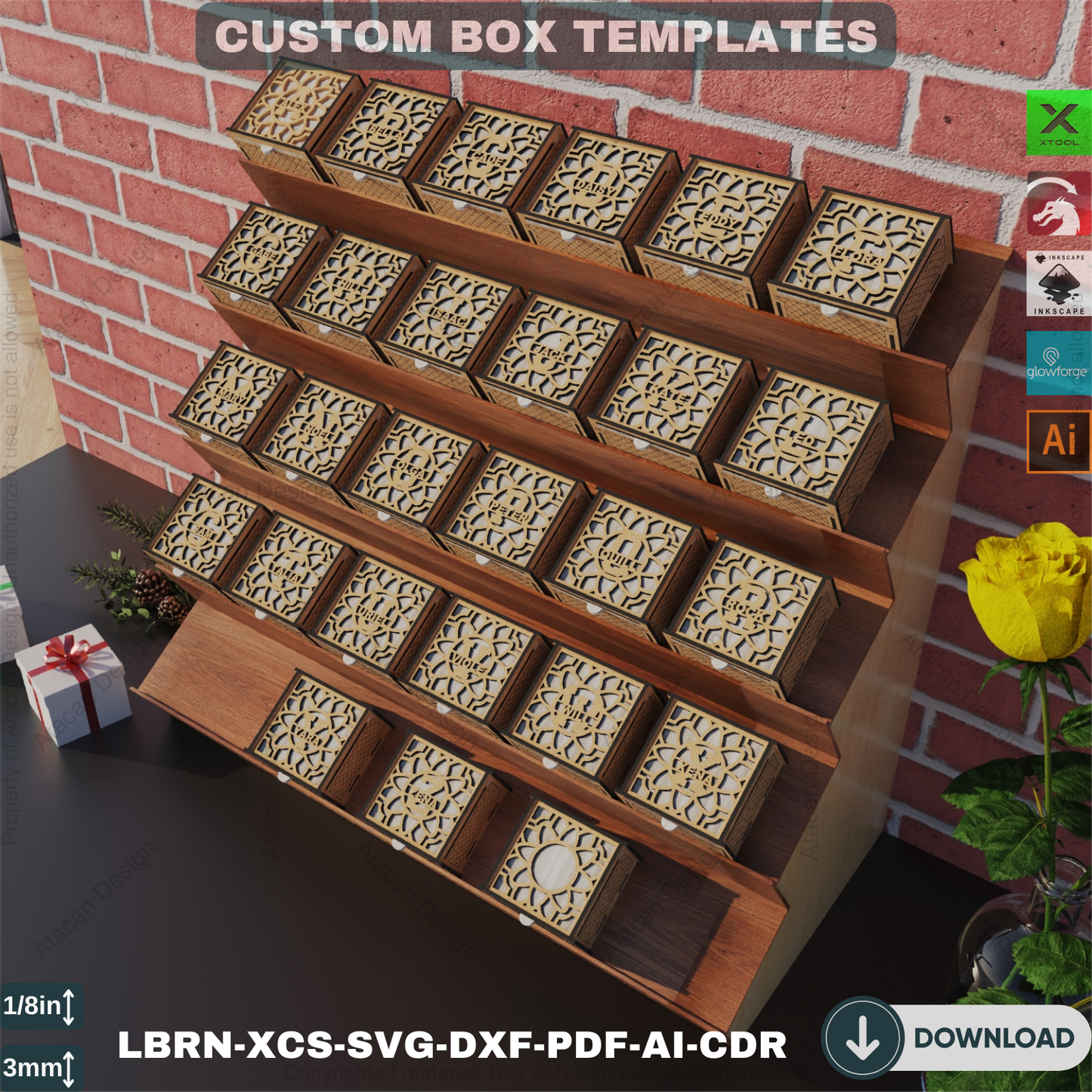 Monogram SVG Letters Laser Cut Gift Box: Jewelry Storage, Wooden Engravable Design, Two Styles 825
