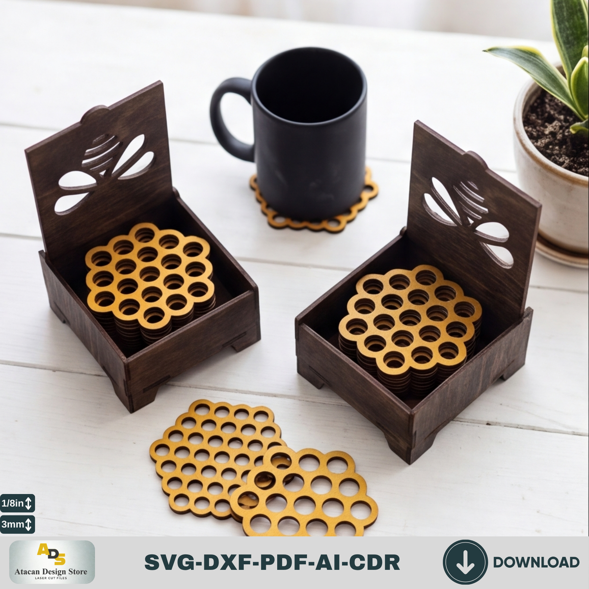 Honey Bee Coaster Set with Box SVG, Hexagon Honeycomb Coasters, Coaster Holder 305