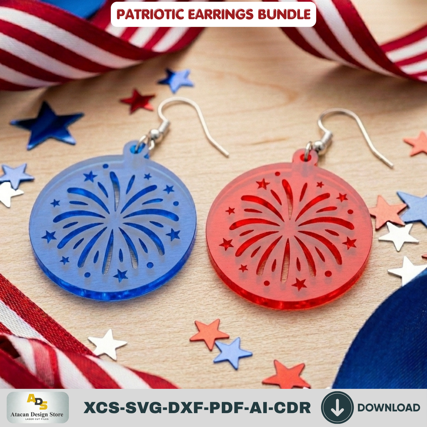 Patriotic Earring Laser Cut Template, USA Flag Star Jewelry Pattern, Independence Day Gift